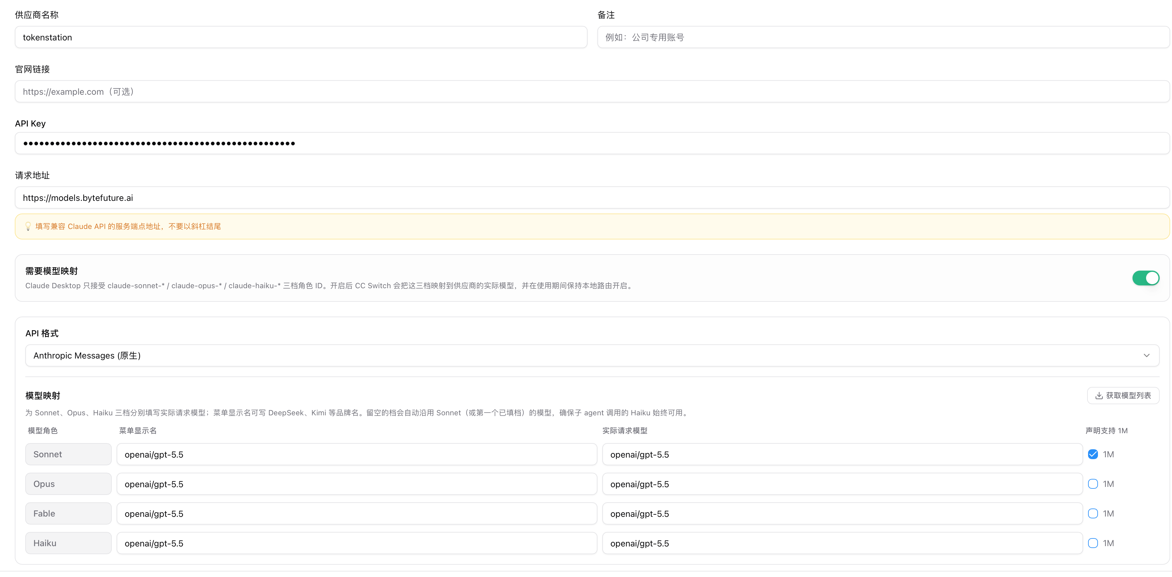 CC Switch 的 Token Station Provider 详情页，已填写 provider 名称、API Key、请求地址 https://models.bytefuture.ai，并开启需要模型映射