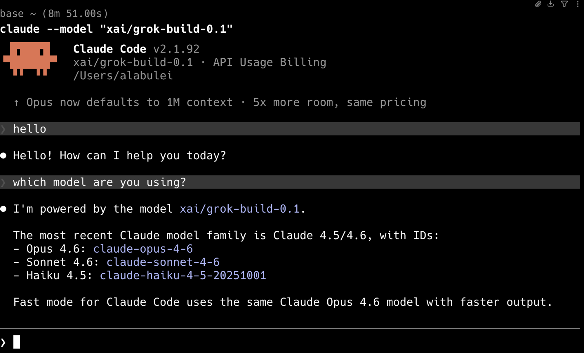 Claude Code terminal showing Grok Build model xai/grok-build-0.1 running and responding to prompts