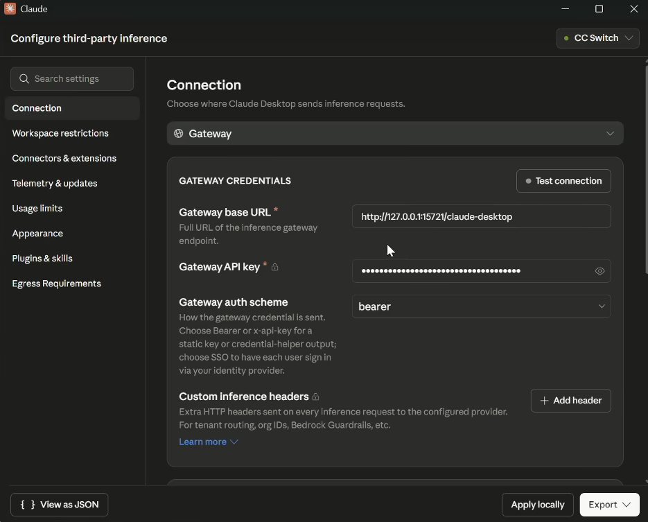 CC Switch가 로컬 Gateway 정보를 입력한 Claude Desktop 타사 추론 설정 화면과 Apply locally 버튼