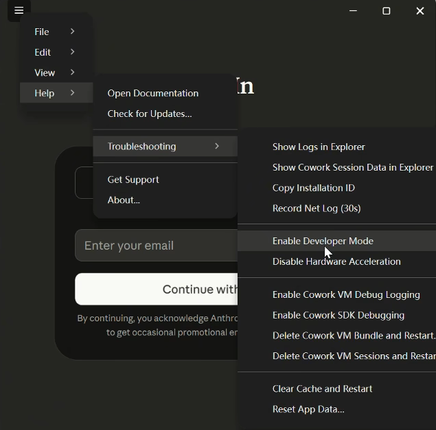 Claude Desktop Help 메뉴에서 Troubleshooting을 펼치고 Enable Developer Mode를 선택한 화면