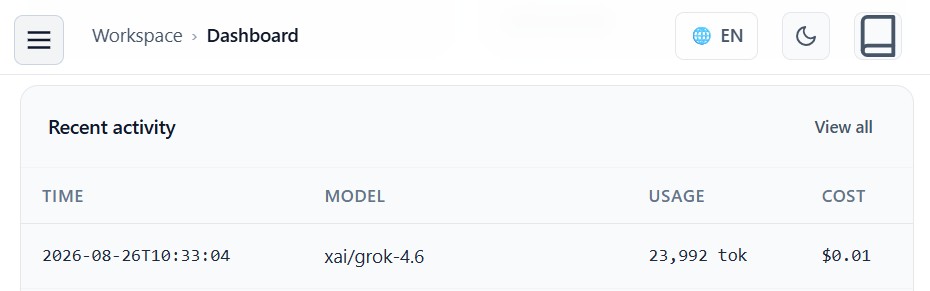 Token Station dashboard Recent Activity showing an xai/grok-4.6 request billed at $0.01